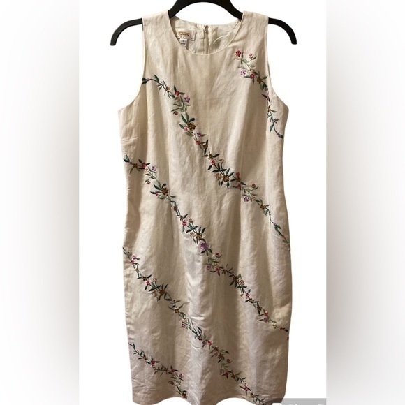 TALBOTS Linen Dress Cream floral embroidered sleeveless Sheath Sz 12‎ Petite - Picture 1 of 10